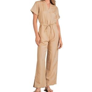 Elan Beige Linen Drawstring Waist Women's Jumpsuit